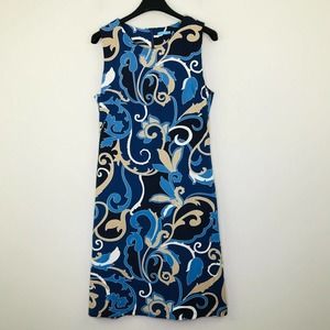 J McLaughlin Women's Medium Sheath Dress Blue Scrollwork Jersey Sleeveless
